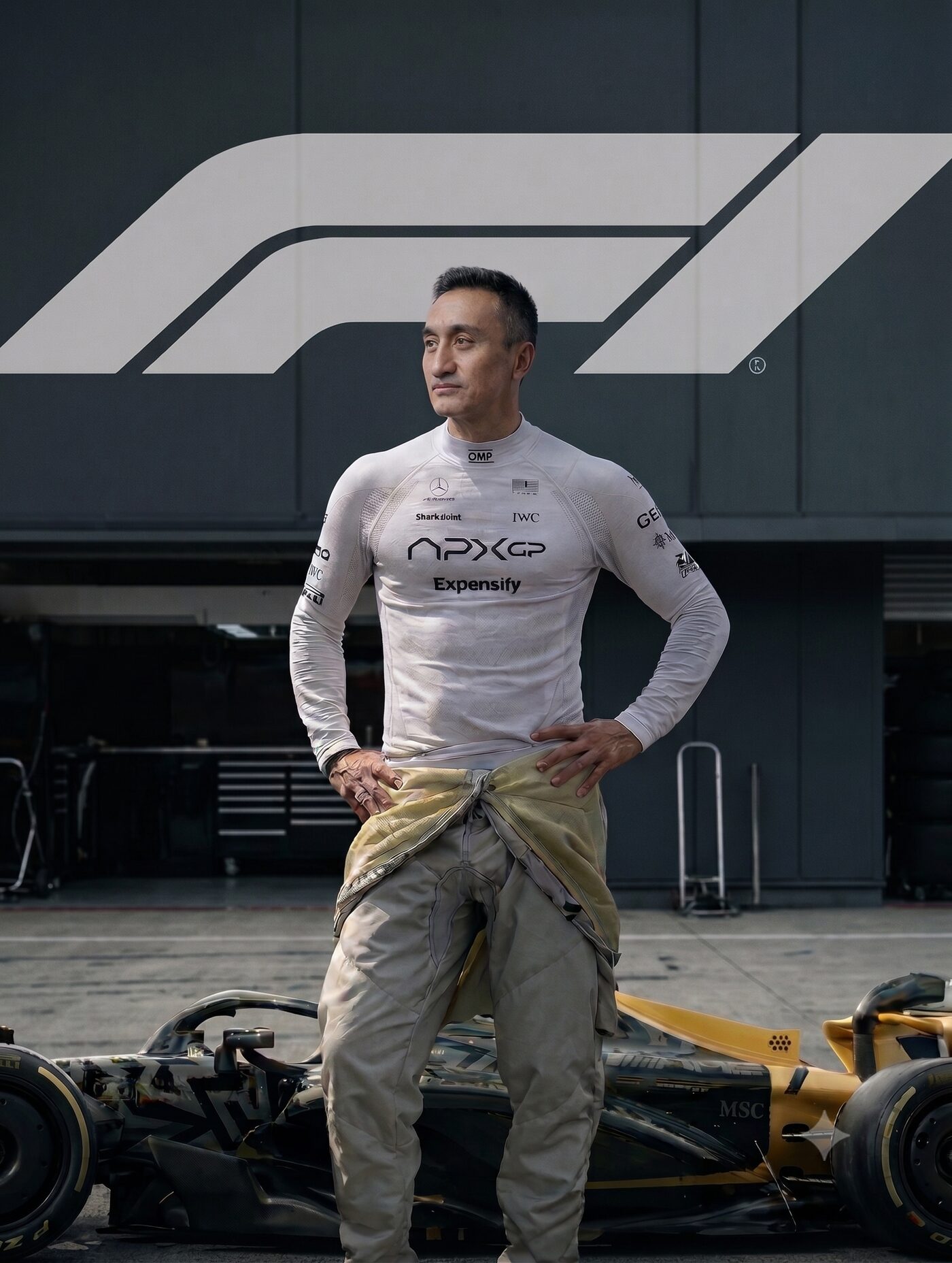 Azlan in an APXGP race suit, standing in the pit lane in front of a Formula 1 car.